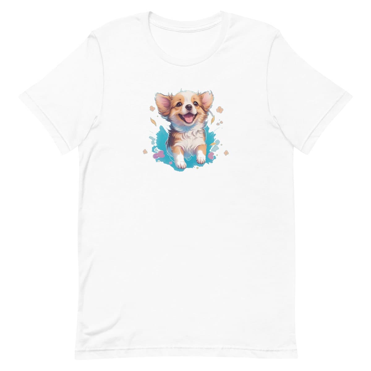 White crew neck short sleeved t-shirt, feature a happy Corgi puppy nestled in a wicker basket of vibrant blooms. and colorful design.