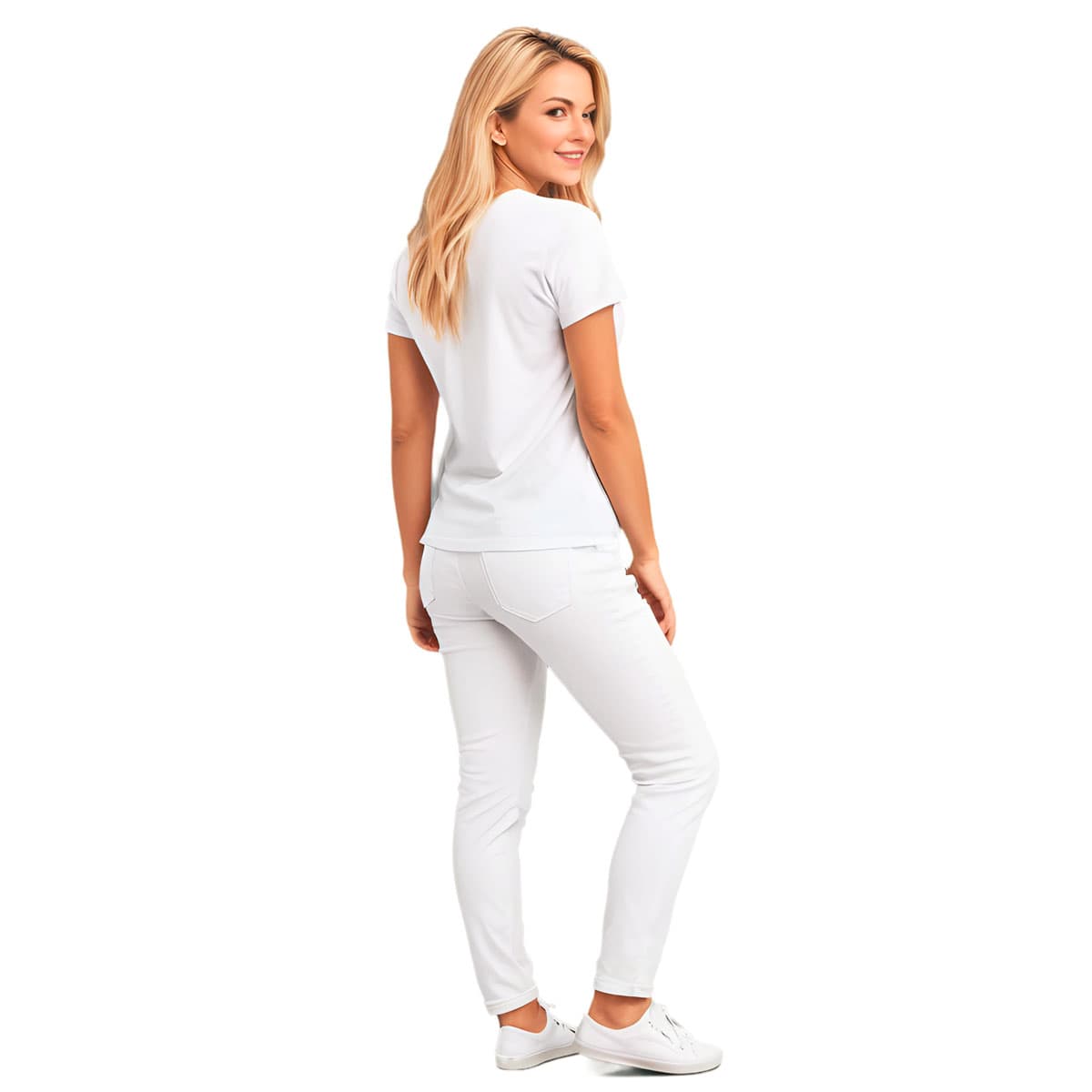 Female model shown back side of a white, crew neck short sleeved t-shirt