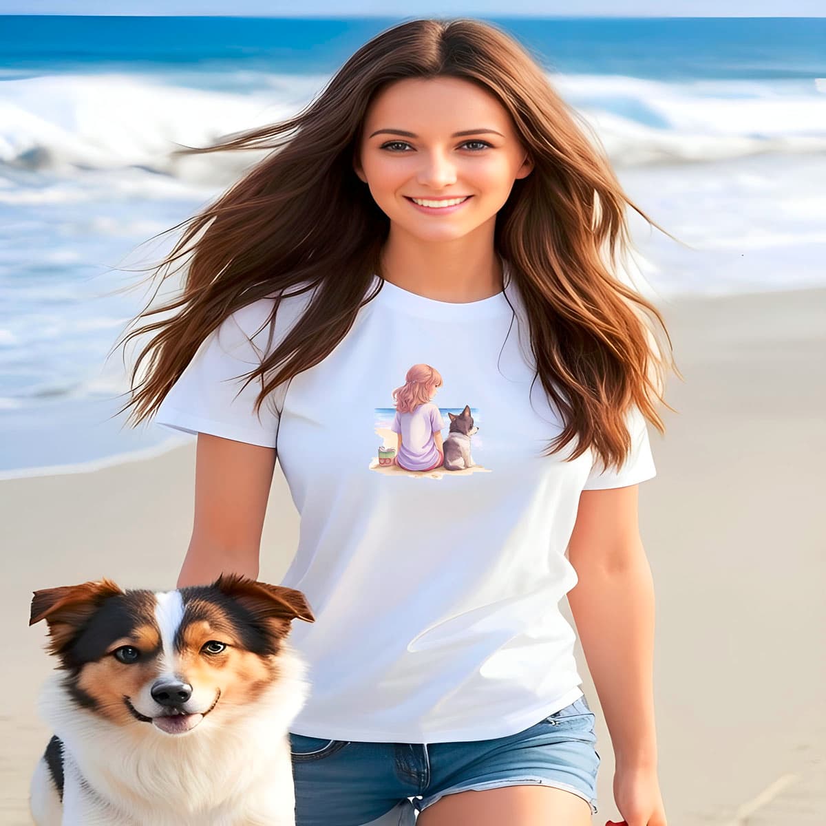 Women walking on a beach, with a dog. She is wearing a white crew neck short sleeved t-shirt, feature a girl and dog bond, on a lively beach scene.