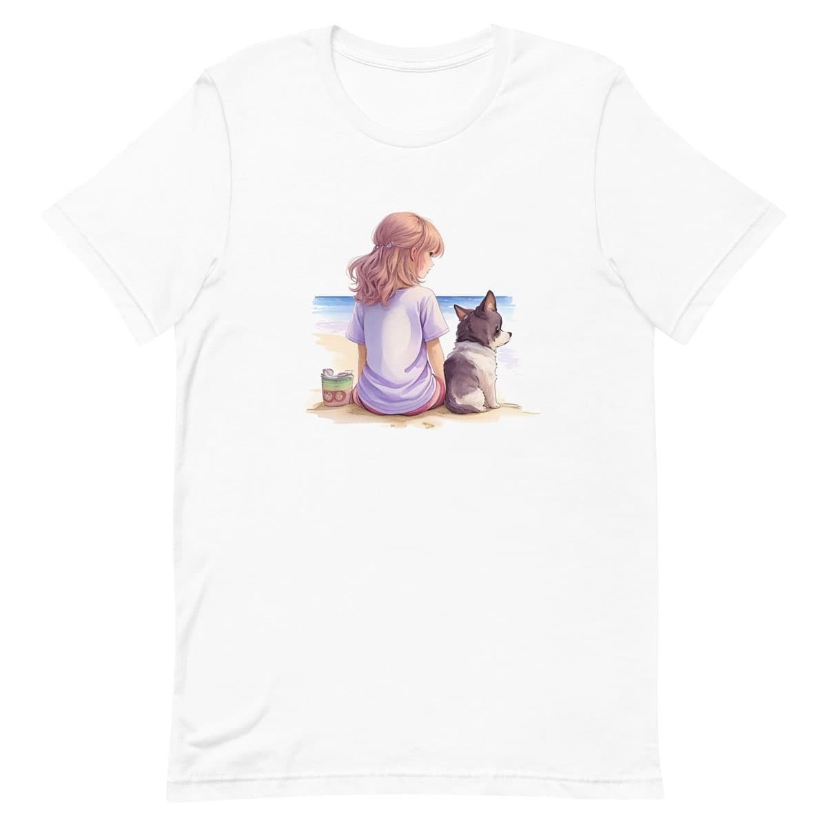 White crew neck short sleeved t-shirt, feature a girl and dog bond, on a lively beach scene.