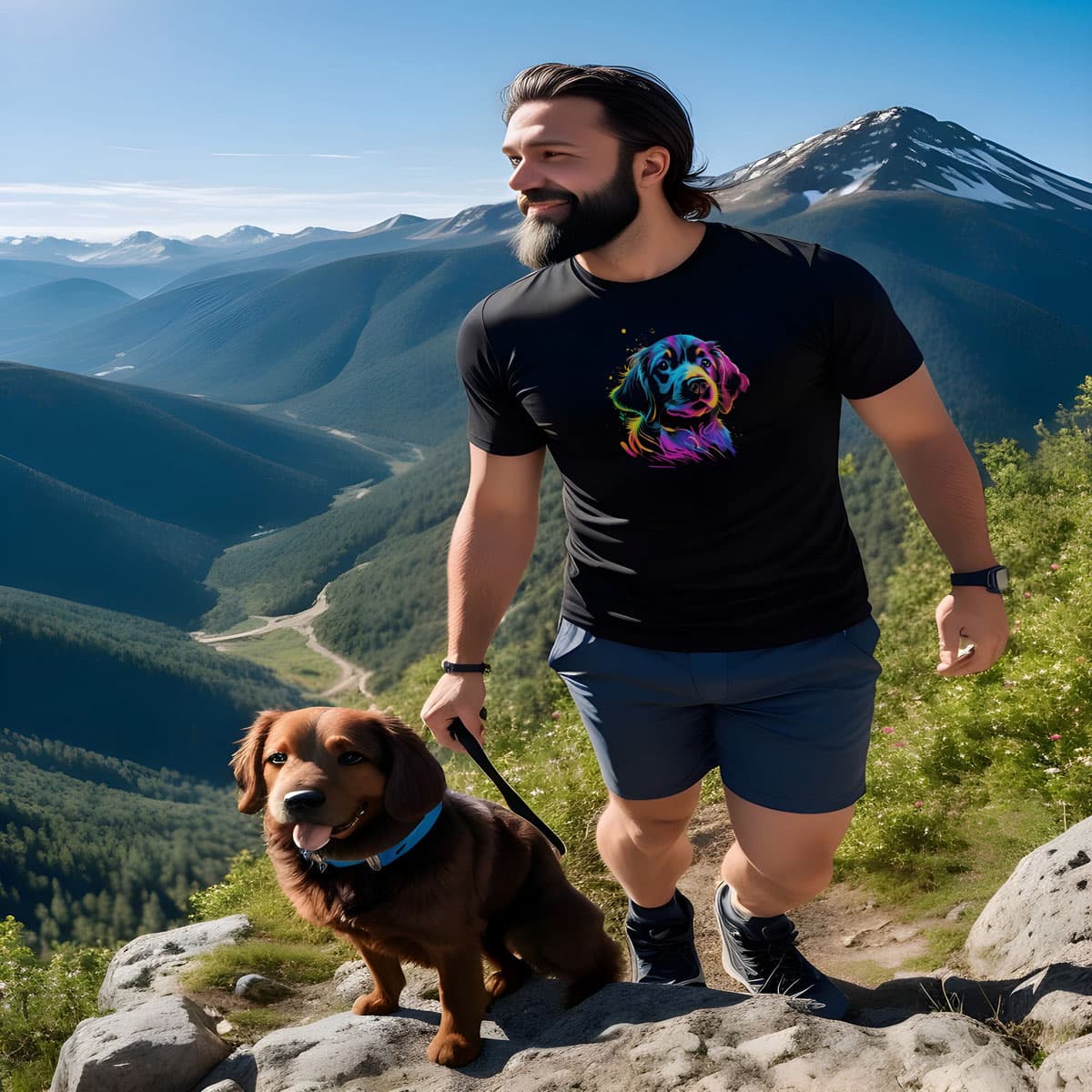 Man hiking mountain trail, with a dog. He is wearing a Black unisex crew neck short sleeved t-shirt, feature a lively, cartoon-style illustration of a cute Cocker Spaniels dog face in vibrant neon hues.