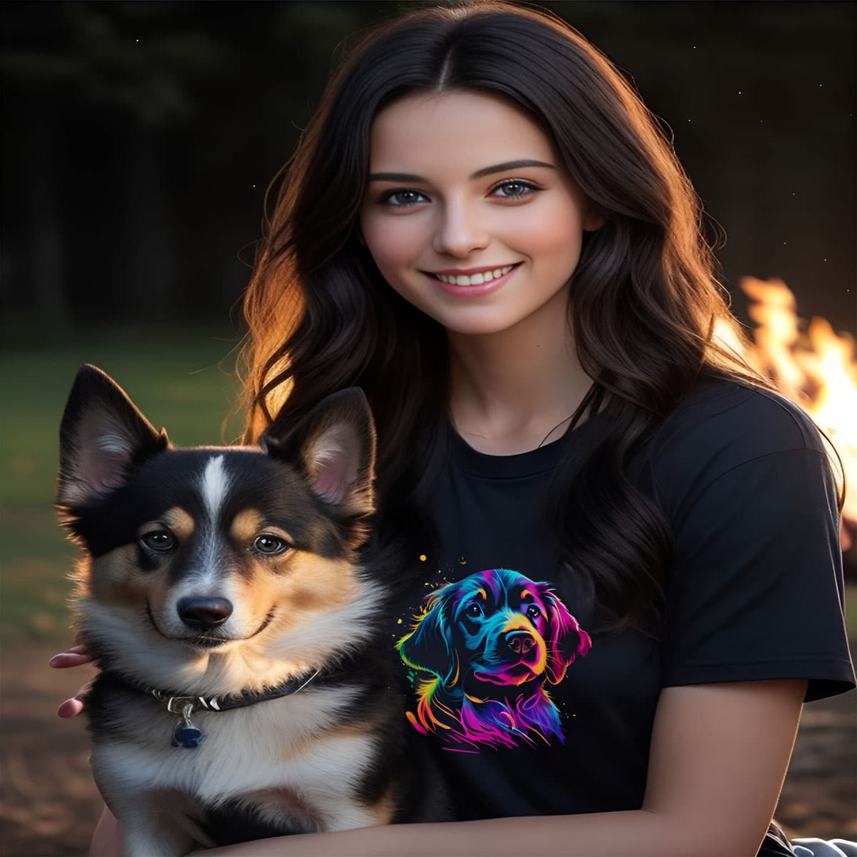 Women sitting at a fireplace, with a dog. She is wearing a Black unisex crew neck short sleeved t-shirt, feature a lively, cartoon-style illustration of a cute Cocker Spaniels dog face in vibrant neon hues.
