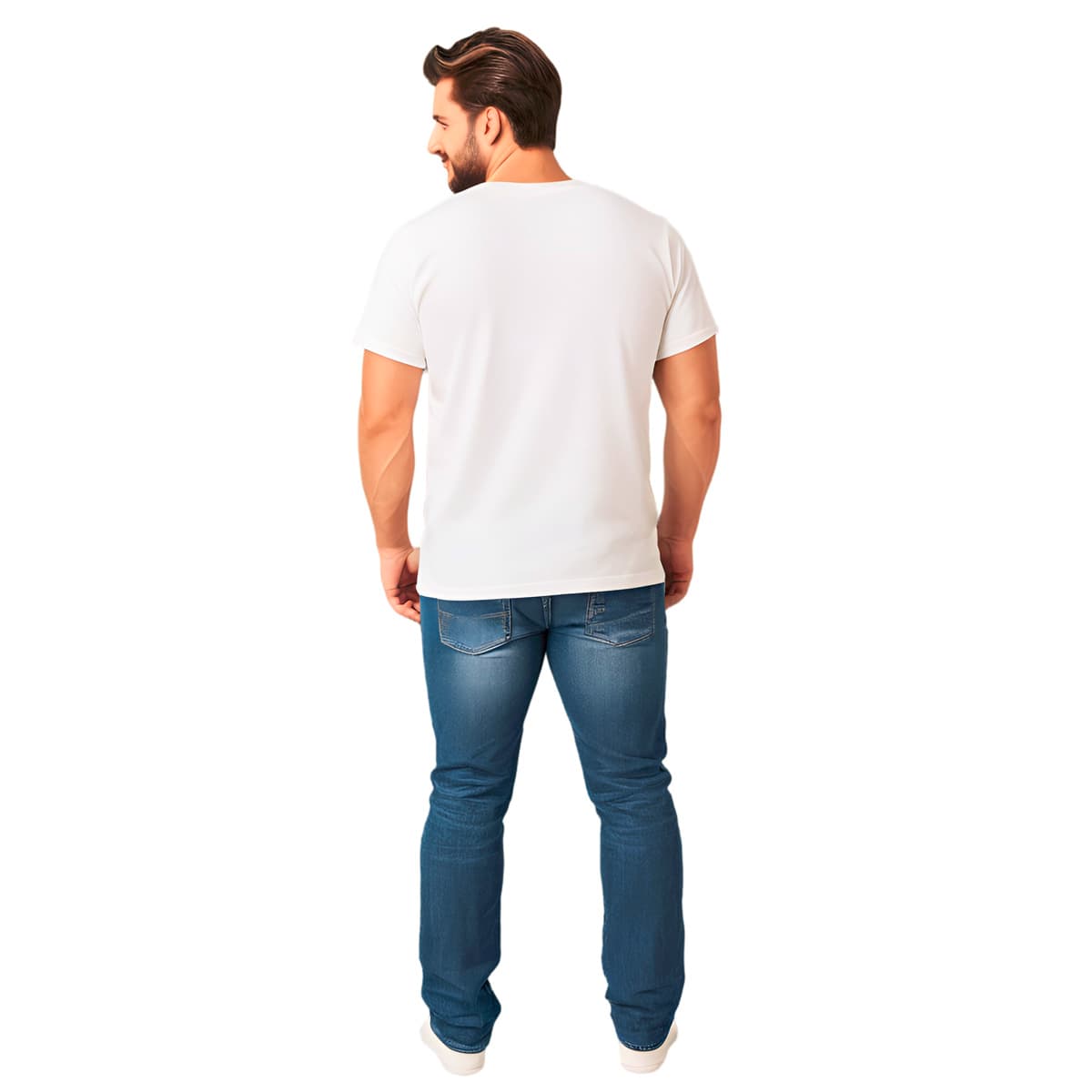 Male model shown back side of a white, crew neck short sleeved t-shirt