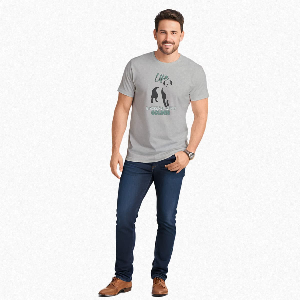 White unisex short sleeved cotton t-shirt worn by male model standing, showing Golden retriever silhouette and “Life is more fun with a golden” quote printed across the chest.
