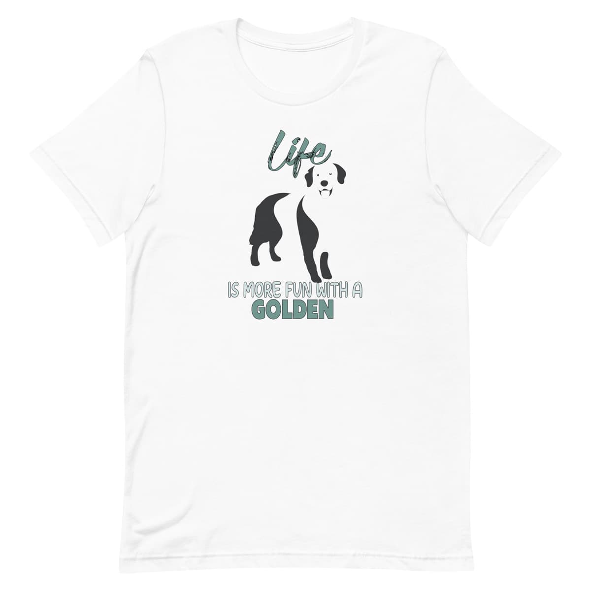 Gray unisex short sleeved cotton t-shirt showing Golden retriever silhouette and “Life is more fun with a golden” quote printed across the chest.