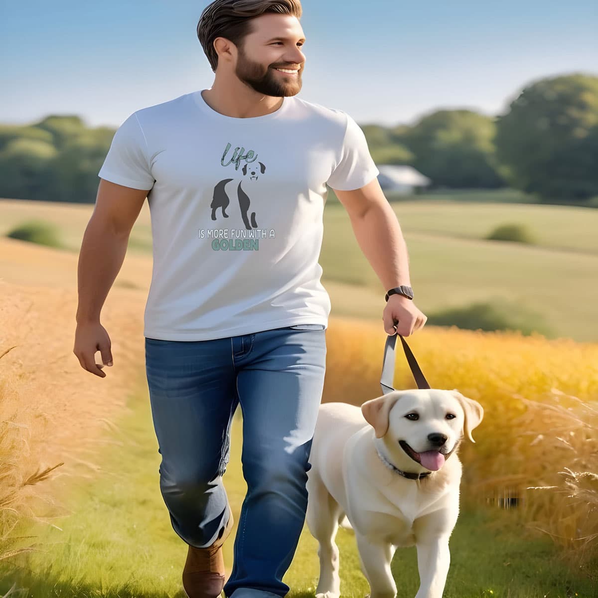 man walking on the country side wearing a white crew neck short sleeved t-shirt, a playful Golden Retriever silhouette paired with the feel-good quote, “Life is more fun with a Golden” text across the front. Together with a golden retriever dog enjoying the sun