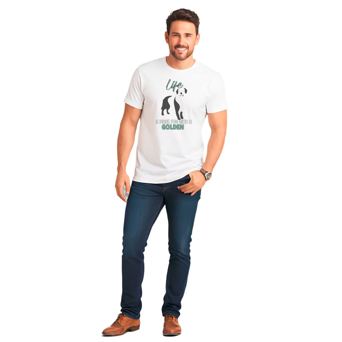 Male model wearing white Golden Retriever t-shirt with playful silhouette and quote, short sleeve crew neck design made from soft cotton.