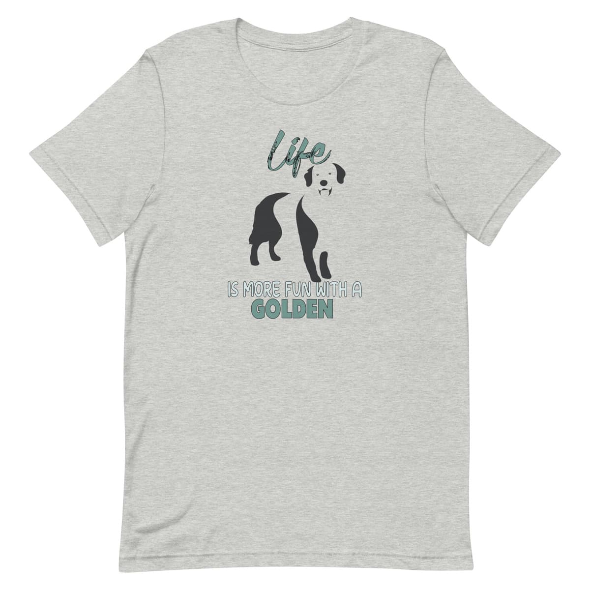 White unisex short sleeved cotton t-shirt showing Golden retriever silhouette and “Life is more fun with a golden” quote printed across the chest.