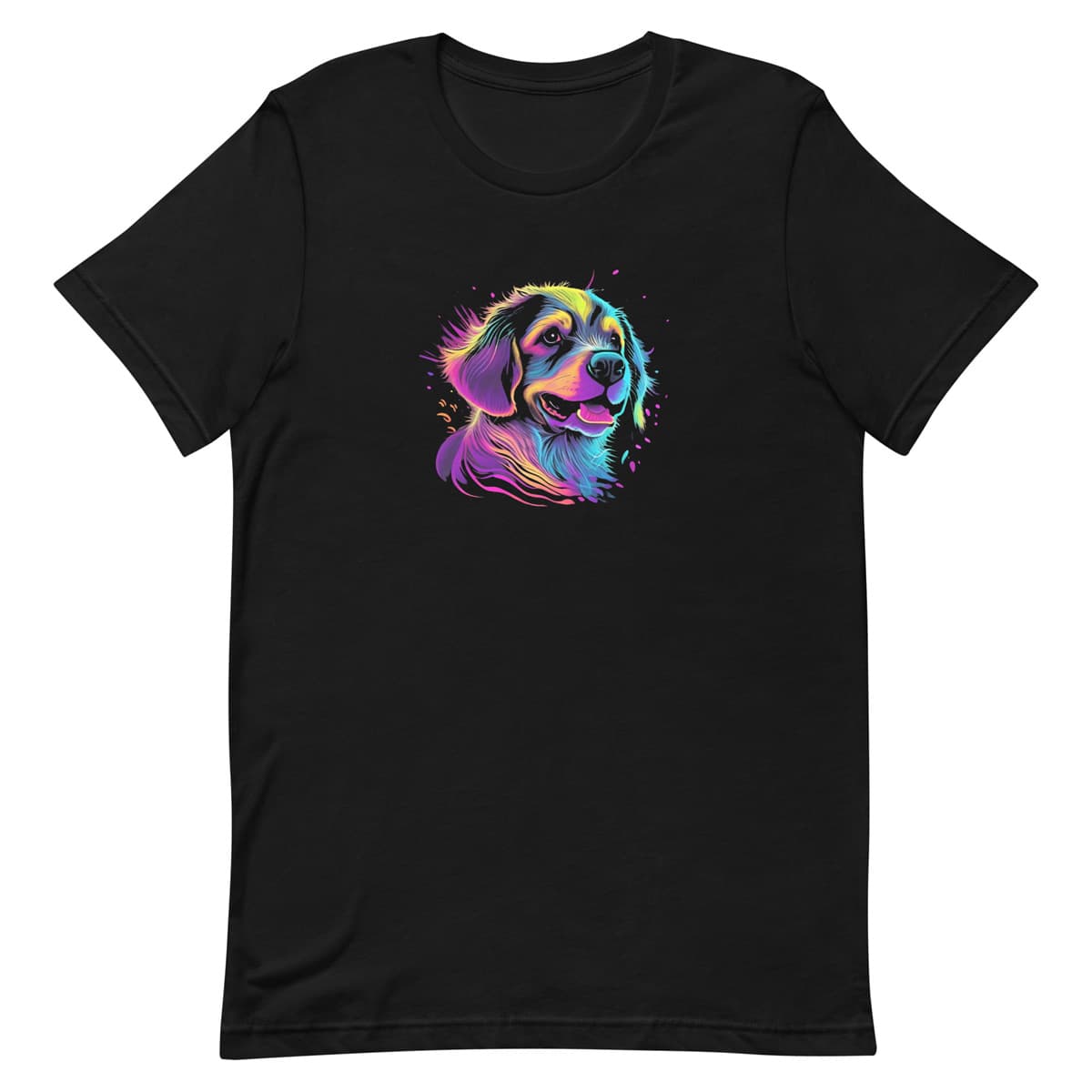 Black unisex short sleeve cotton t-shirt featuring a hand-drawn Golden Retriever dog face in vibrant neon colors. Comfortable crew neck tee, perfect for dog lovers and casual everyday wear