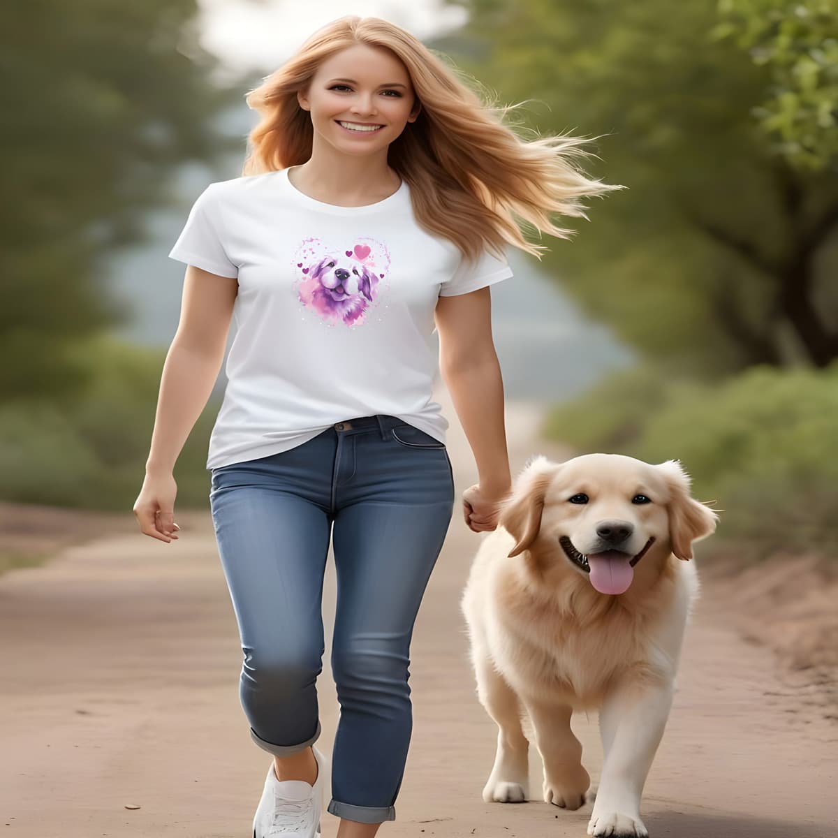 Women walking on a gravel road, with a dog. She is wearing a white crew neck short sleeved t-shirt, Showcases a cute Golden Retriever puppy dog face, splashed in hearts and colorful artistry.