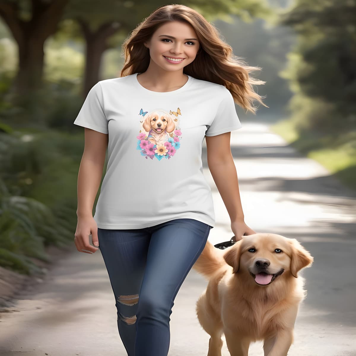 Women walking with a dog, wearing a white crew neck short sleeved t-shirt, feature a happy Golden Retriever puppy dog face, surrounded by a floral symphony within a wicker basket.