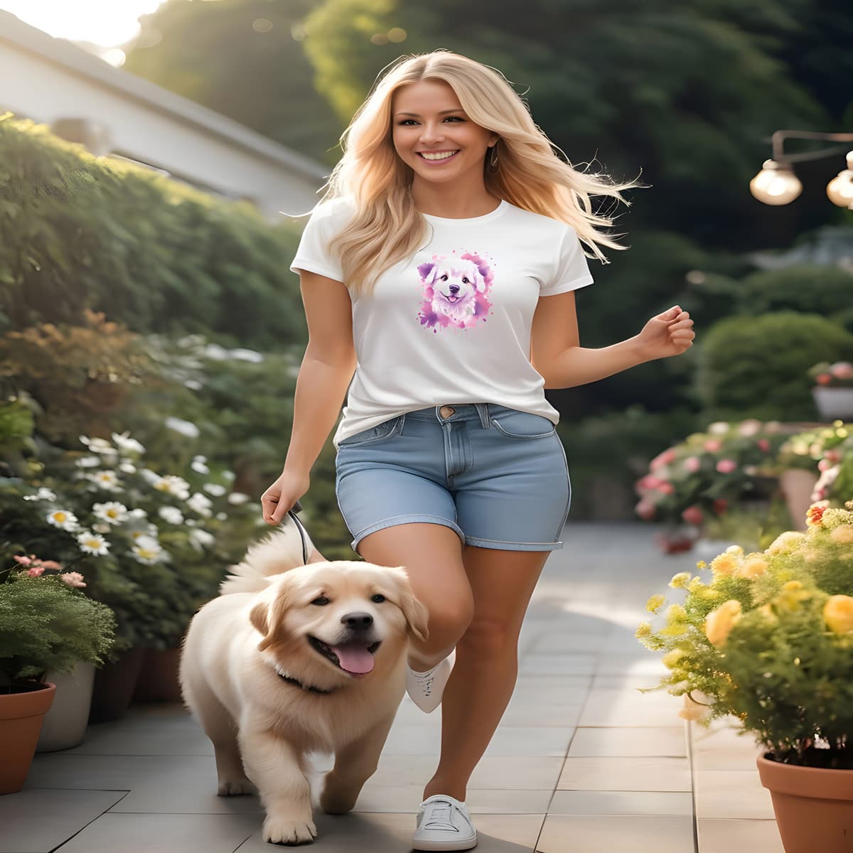 Women playing in a garden, with a dog. She is wearing a white crew neck short sleeved t-shirt. Featuring an enchanting Maltese puppy amidst a tapestry of splash artistry in vibrant pink and purple toned colors.