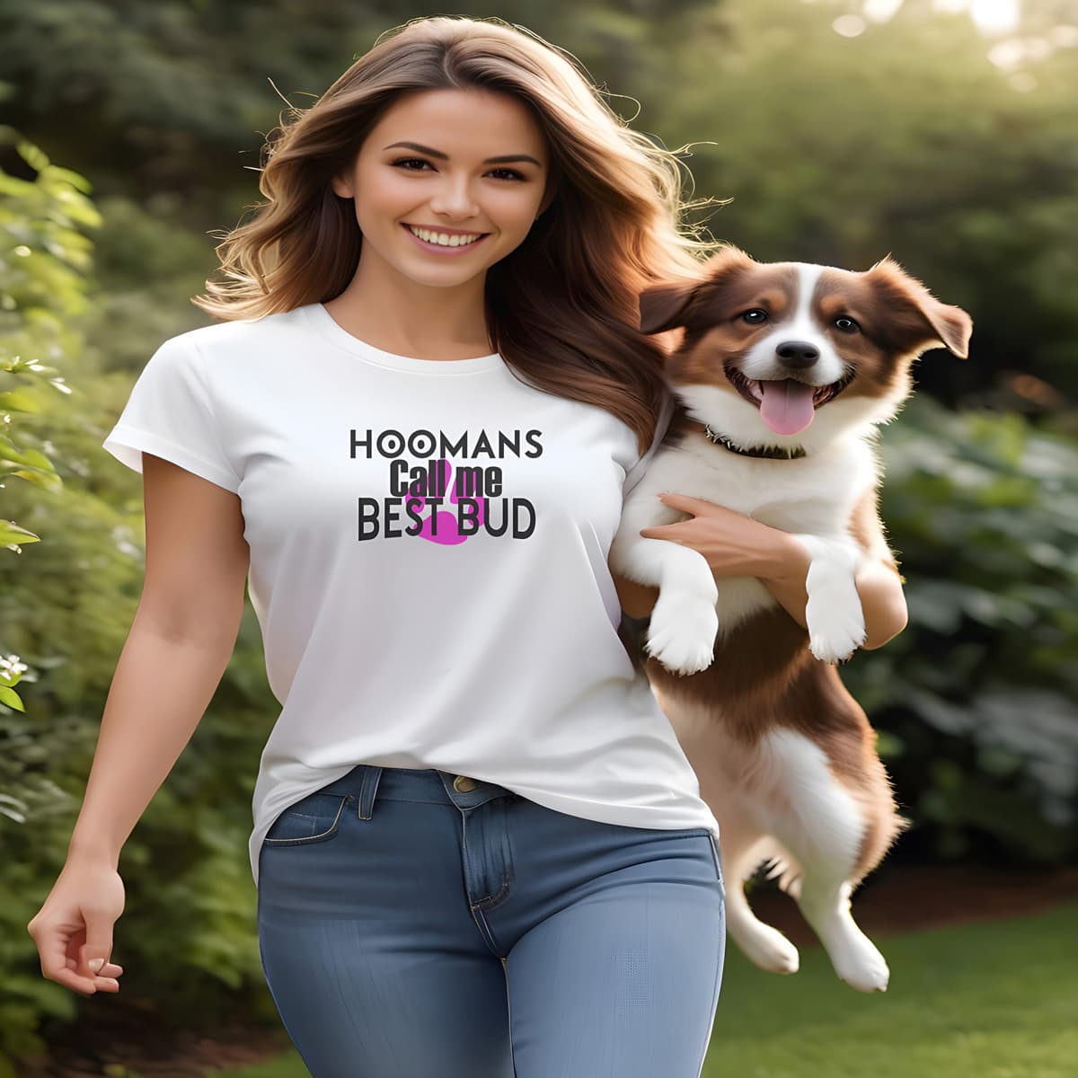 Women holding a cute happy dog, standing in a garden. She is wearing a white crew neck short sleeved t-shirt, features a playful message "Hoomans call me best bud" with humorist twist, underlined by a pink dog paw.