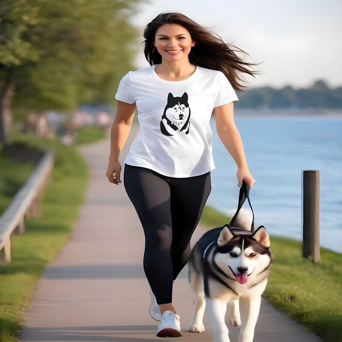 Women running by the lake, with a Husky in leash. she is wearing a white crew neck short sleeved t-shirt, features a one-line graphic silhouette of a cute hand-drawn Husky's face with sparkling blue eyes.