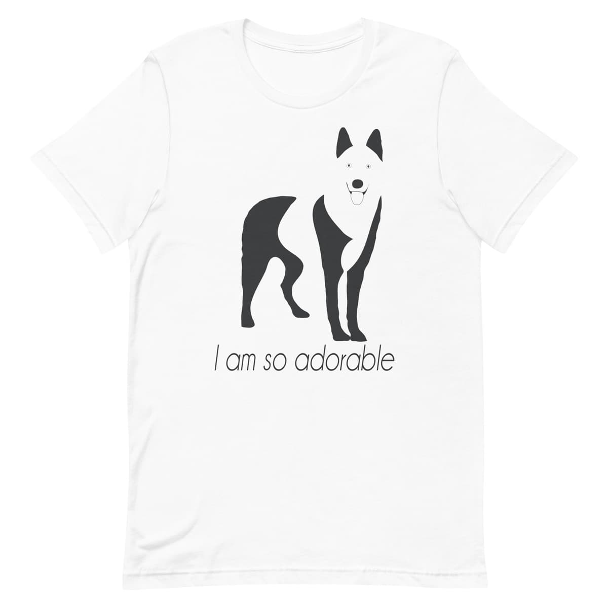 White crew neck short sleeved t-shirt, featuring a one-line graphic print of a hand-drawn cute Siberian Husky with its tongue out, and the playful text "I am so adorable”