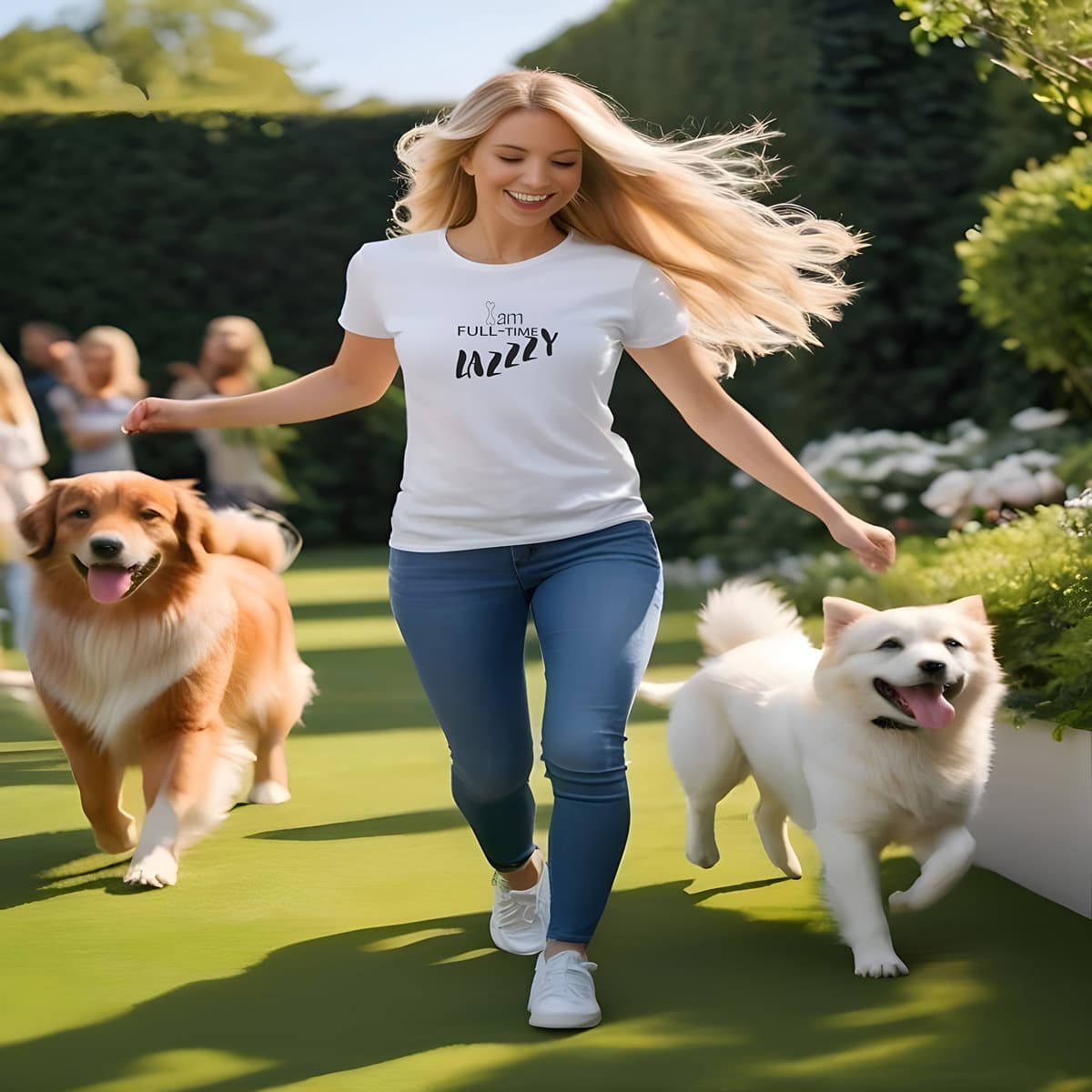 Women playing in a garden, with two dogs She is wearing a white crew neck short sleeved t-shirt, feature a graphic fun message ”I Am Full-time  Lazzzy”- seen from the dogs point of view