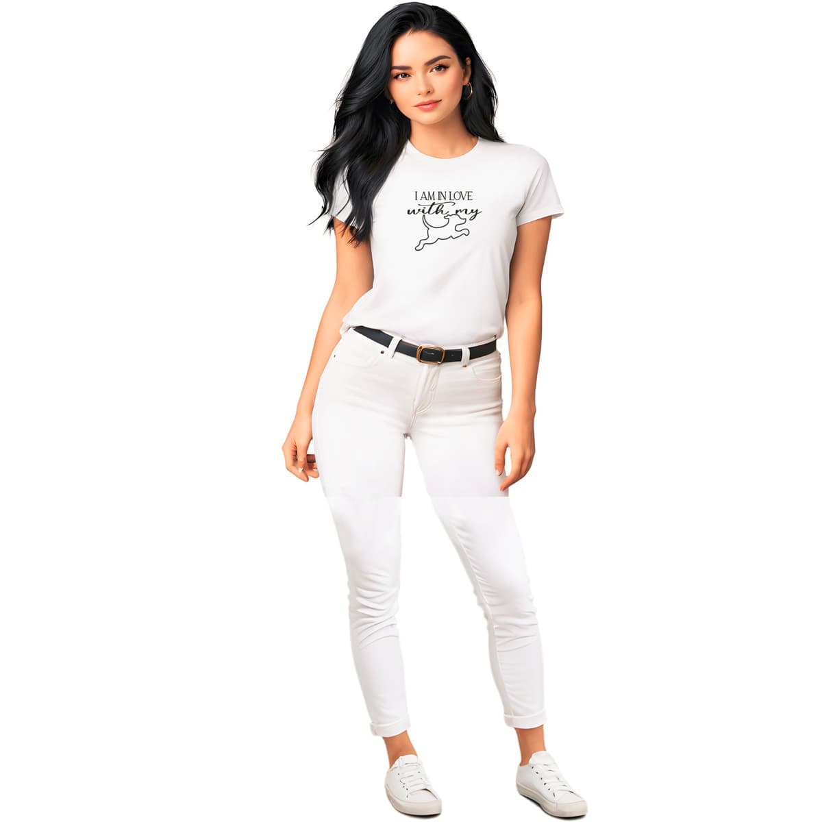 White crew neck short sleeved t-shirt, feature a dog jumping, above the message "i am in love with my dog" in bold black graphic style. Female model shown in close-up to highlight print and fit.