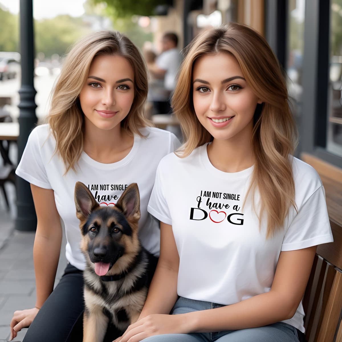 Two young woman sitting outside at a cafe, with a cute German shepherd puppy between them. They are wearing a both a white crew neck short sleeved t-shirt. Showcases with humor a text saying "I am not single I have a dog". T-shirt hanging on chair shown in close-up to highlight print and size