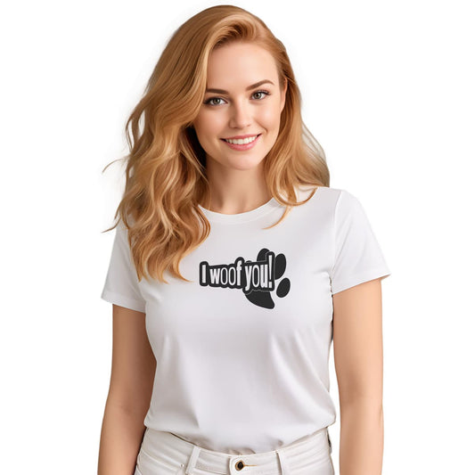 White crew neck short sleeved t-shirt, feature a funny message "I woof you" designed in a cartoonist way, underlined by a dog paw. Female model shown in close-up to highlight print and fit.