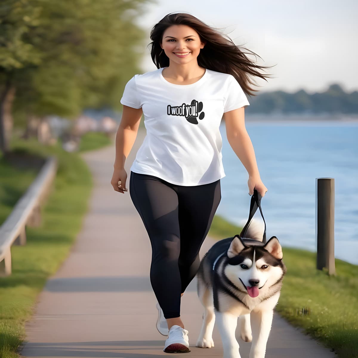 Women jogging by a waterfront, with a dog in leash. She is wearing a white crew neck short sleeved t-shirt, feature a funny message "I woof you" designed in a cartoonist way, underlined by a dog paw.