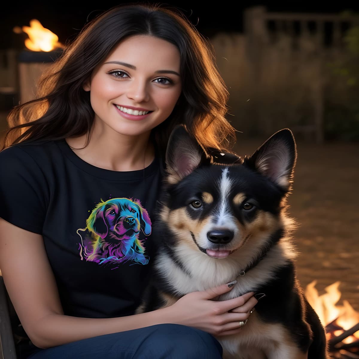 Woman sitting by a fireplace, with a dog. She is wearing a black unisex crew neck short sleeved t-shirt, feature a intricate and lively cheerful Labrador's dog face, vividly outlined in neon vibrant colors, and hues.