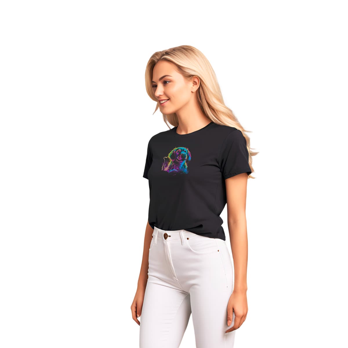 Black unisex crew neck short sleeved t-shirt, feature a intricate and lively cheerful Labrador's dog face, vividly outlined in neon vibrant colors, and hues.Female model shown in close-up to highlight print and fit.