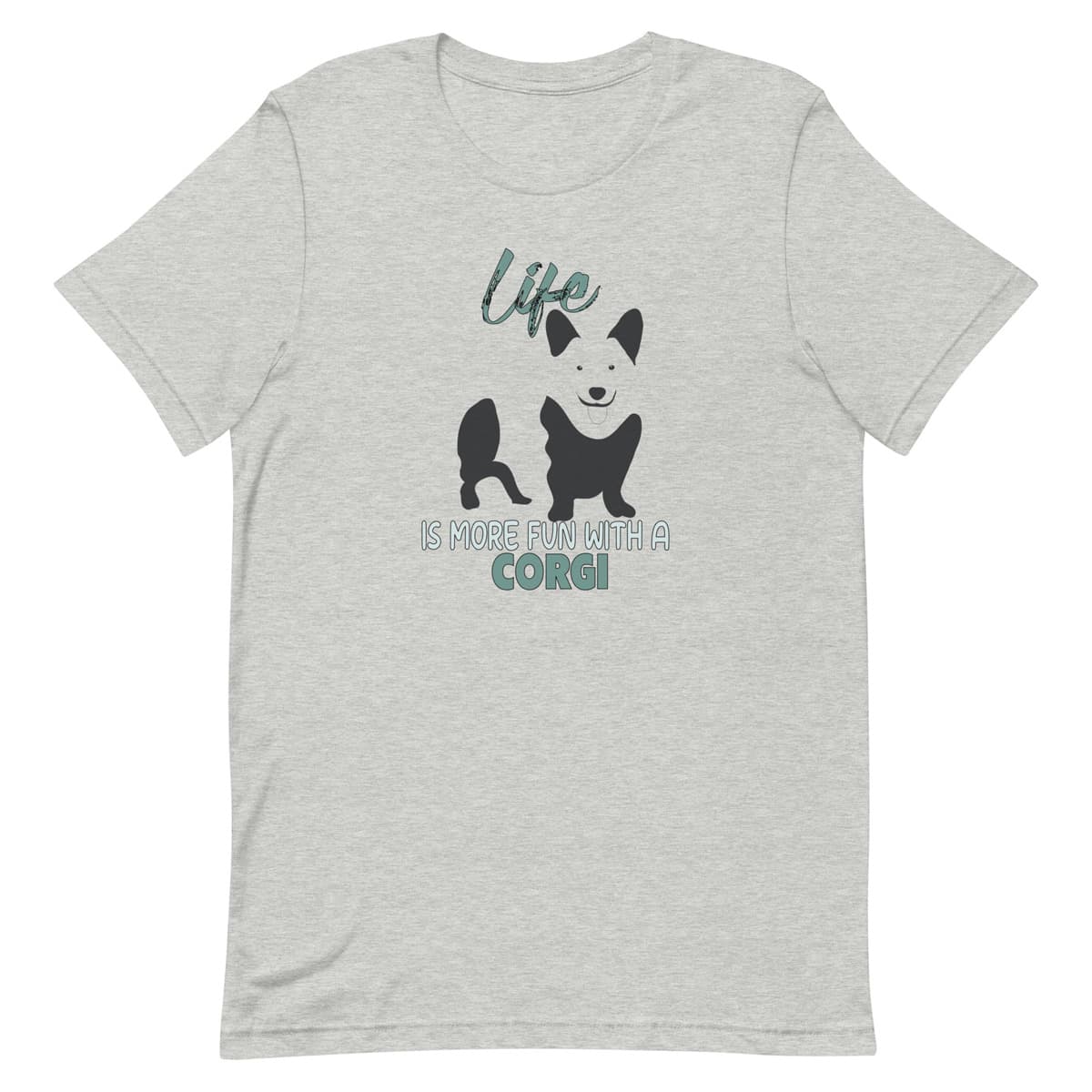 Gray crew neck short sleeved t-shirt, feature a graphic black/white hand-drawn standing Corgi.