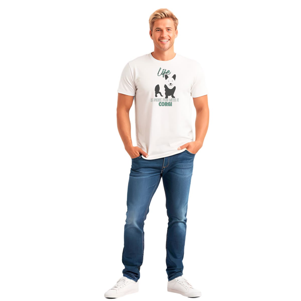 White crew neck short sleeved t-shirt, feature a graphic black/white hand-drawn standing Corgi, -man standing
