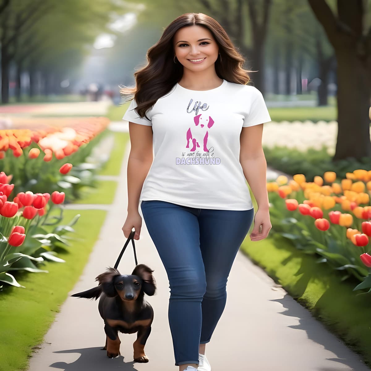 Women smiling walking in a tulip park, with a cute Dachshund in leash. She is wearing a white crew neck short sleeved t-shirt. Featuring a silhouette Dachshund in vibrant pink, and quote with humor "life is more fun with a Dachshund"T-shirt hanging on chair shown in close-up to highlight print and size.