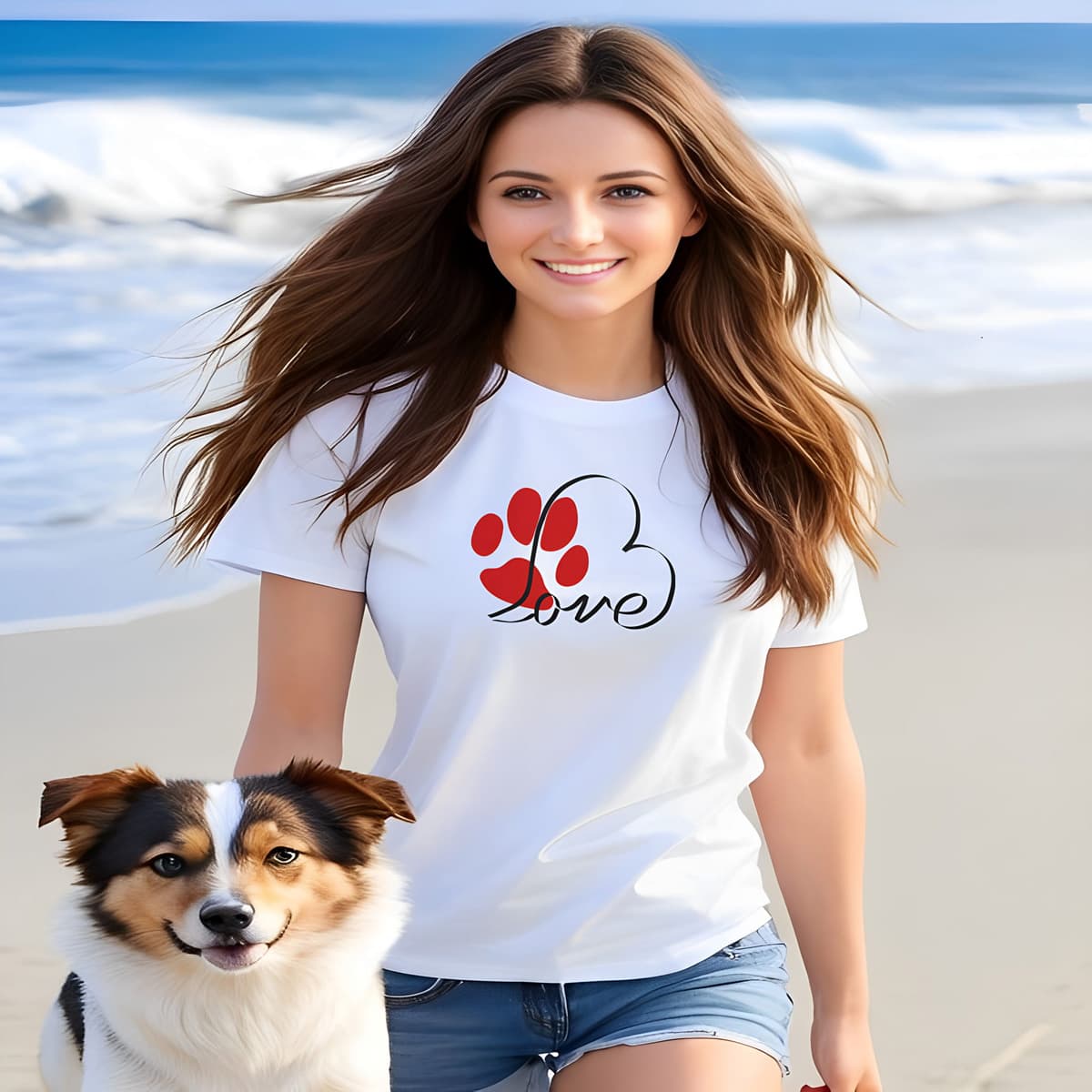 Women walking on a beach, with a dog. She is wearing a white crew neck short sleeved t-shirt, feature a heart-shaped graphic that transforms into the word "love" and a cute red paw.