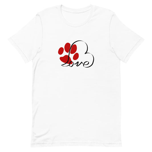 White crew neck short sleeved t-shirt, feature a heart-shaped graphic that transforms into the word "love" and a cute red paw.