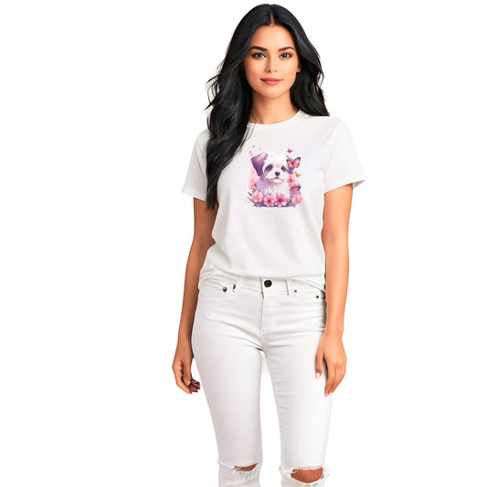White crew neck short sleeved t-shirt, features a cute Maltese puppy face, nestle in floral colorful garden. Female model shown in close-up to highlight print and fit.