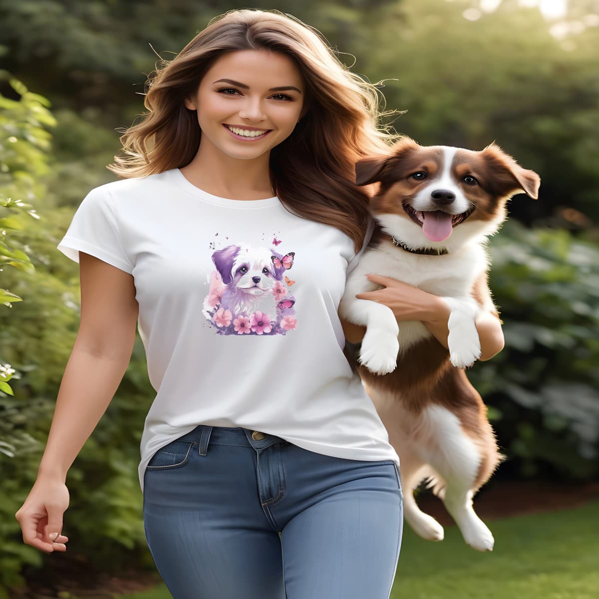 Women standing holding a dog. She is wearing a cute white crew neck short sleeved t-shirt, features a cute Maltese puppy face, nestle in floral colorful garden.
