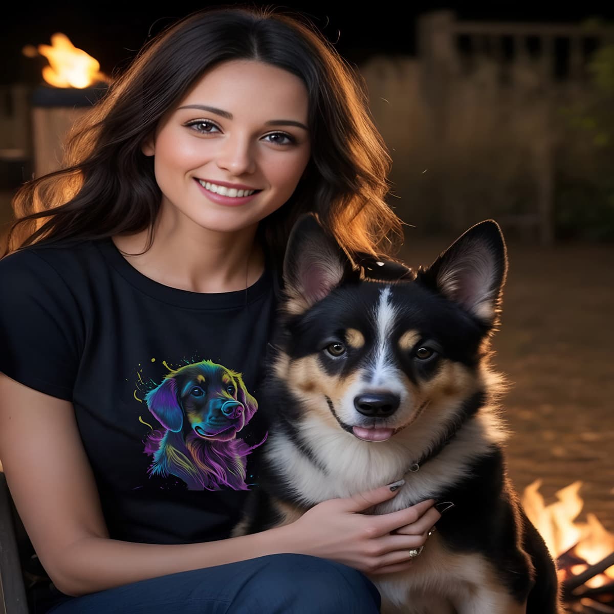 Women sitting at a fireplace, with a dog. she is wearing a Black unisex crew neck short sleeved t-shirt, showcasing a cute Labrador dog face in vibrant neon-hued palette.