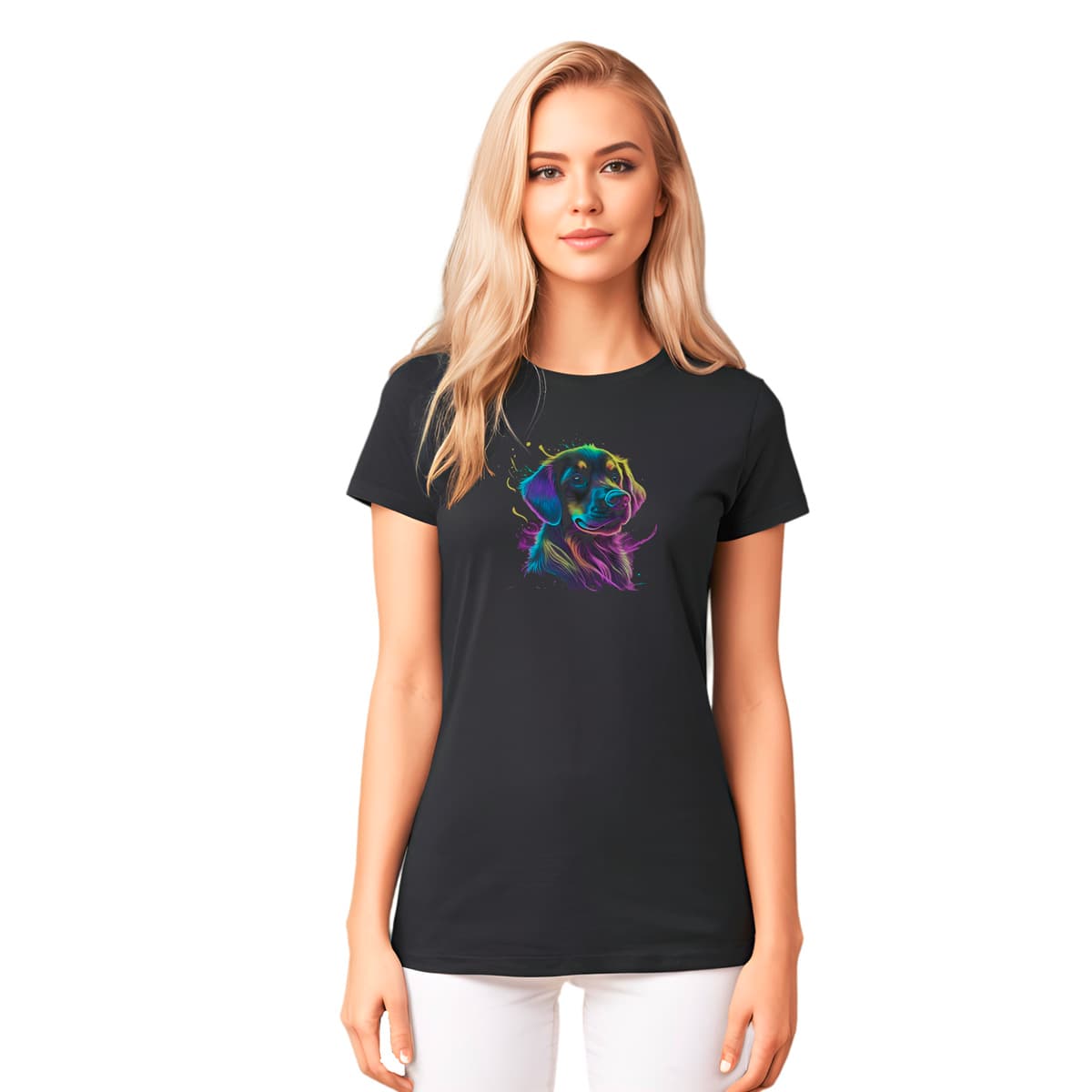 Black unisex crew neck short sleeved t-shirt, showcasing a cute Labrador dog face in vibrant neon-hued palette. female model shown in close-up to highlight print and fit.