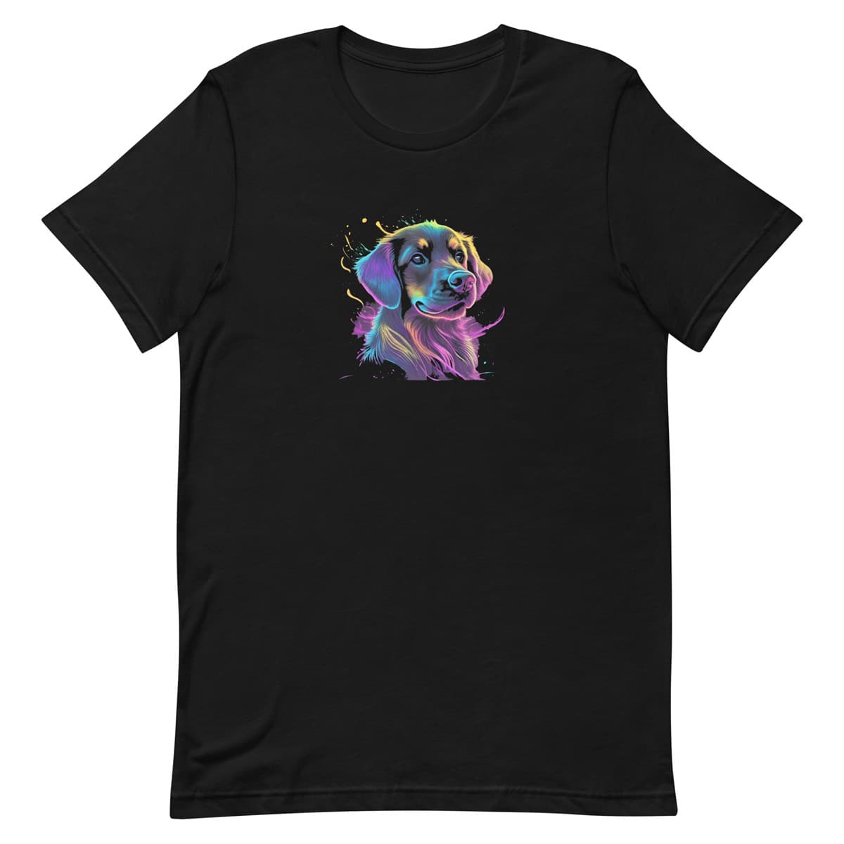 Black unisex crew neck short sleeved t-shirt, showcasing a cute Labrador dog face in vibrant neon-hued palette.