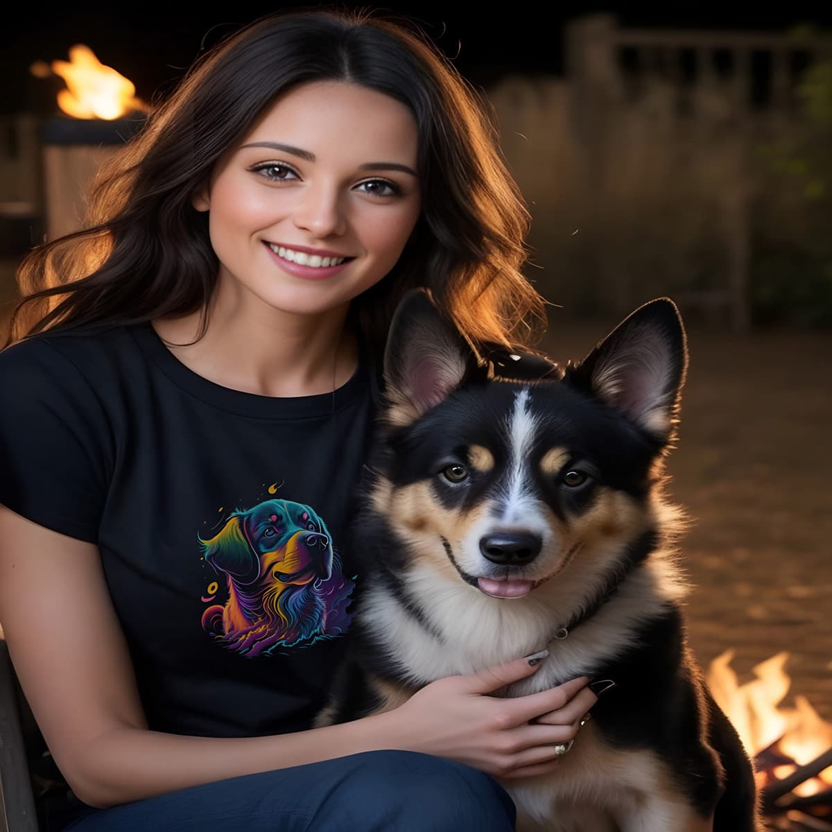 Women sitting at a fireplace, with a dog. She is wearing a Black unisex crew neck short sleeved t-shirt, feature a cute Labrador dog face in neon vibrant hues.