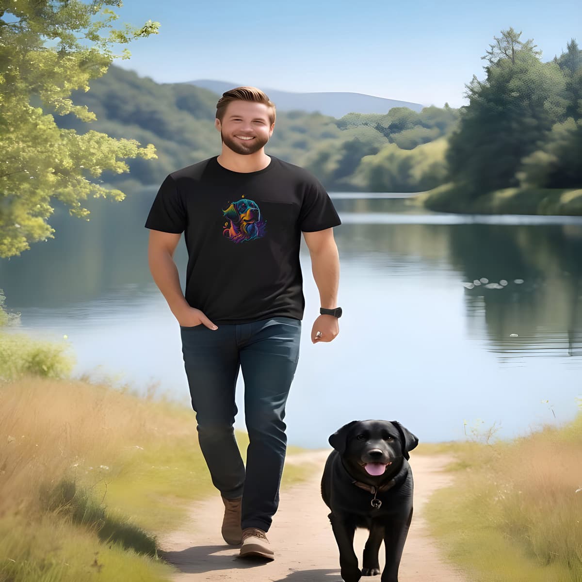 Man walking at a lake, with a black dog. He is wearing a Black unisex crew neck short sleeved t-shirt, feature a cute Labrador dog face in neon vibrant hues.