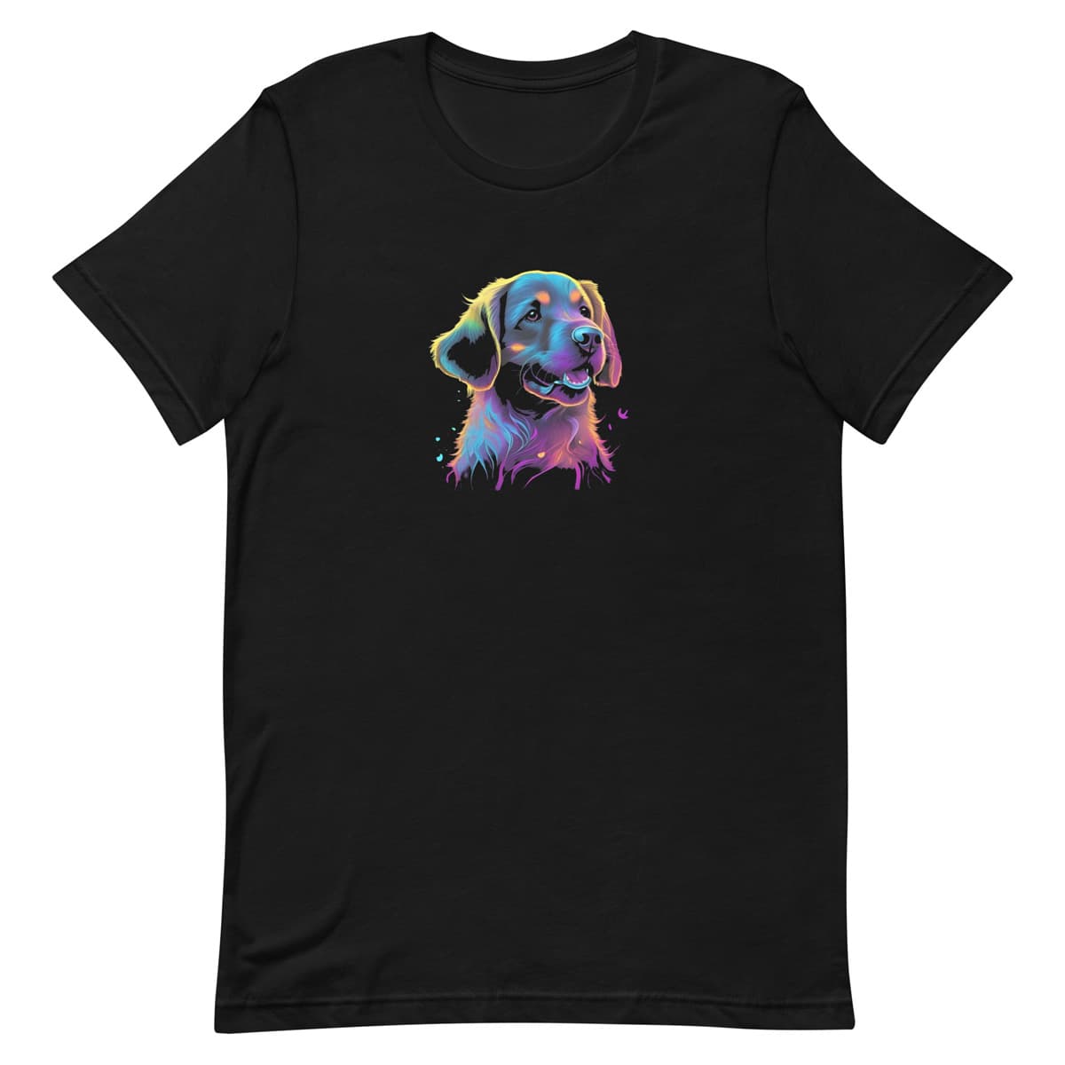 Black unisex crew neck short sleeved t-shirt, Feature a cute Golden Retriever dog face in vibrant neon palette.