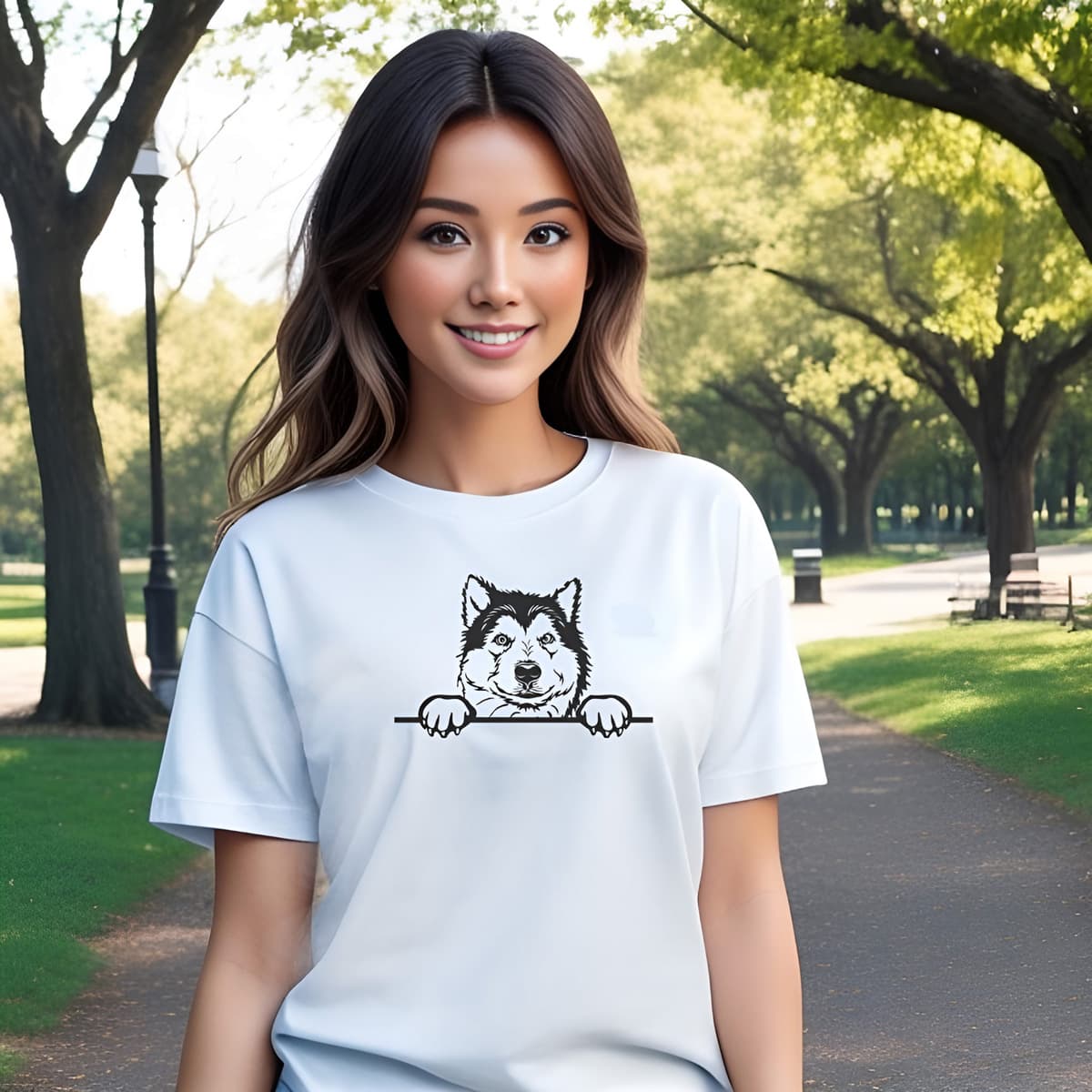 Young woman standing in a park, wearing a white crew neck short sleeved t-shirt. Showcase an adorable black/white hand-drawn graphic Malamute dog face resting on a table.