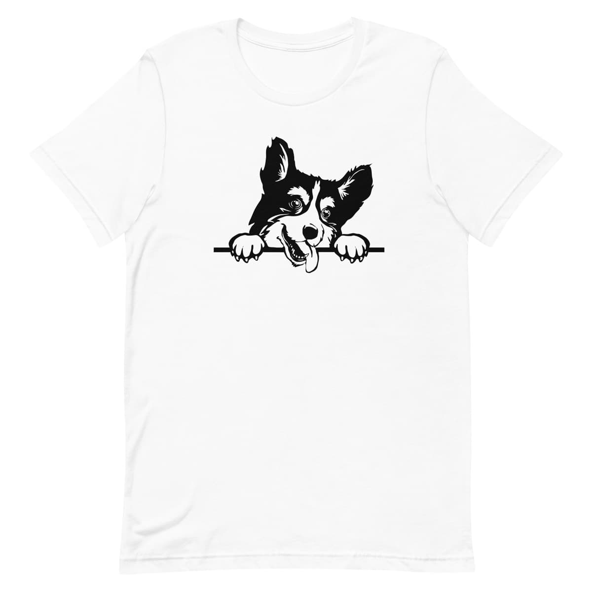White crew neck short sleeved t-shirt, feature a cute tongue out hand-drawn graphic one-line Corgi puppy dog face, resting on a table.