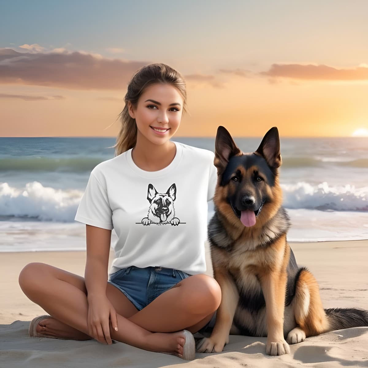 Young woman sitting on a beach sand, beside her a cute tongue out German shepherd. She is wearing a white crew neck short sleeved t-shirt, featuring a cute black and white one-line hand-drawn graphic of a German Shepherd dog face placing its paws on the table.