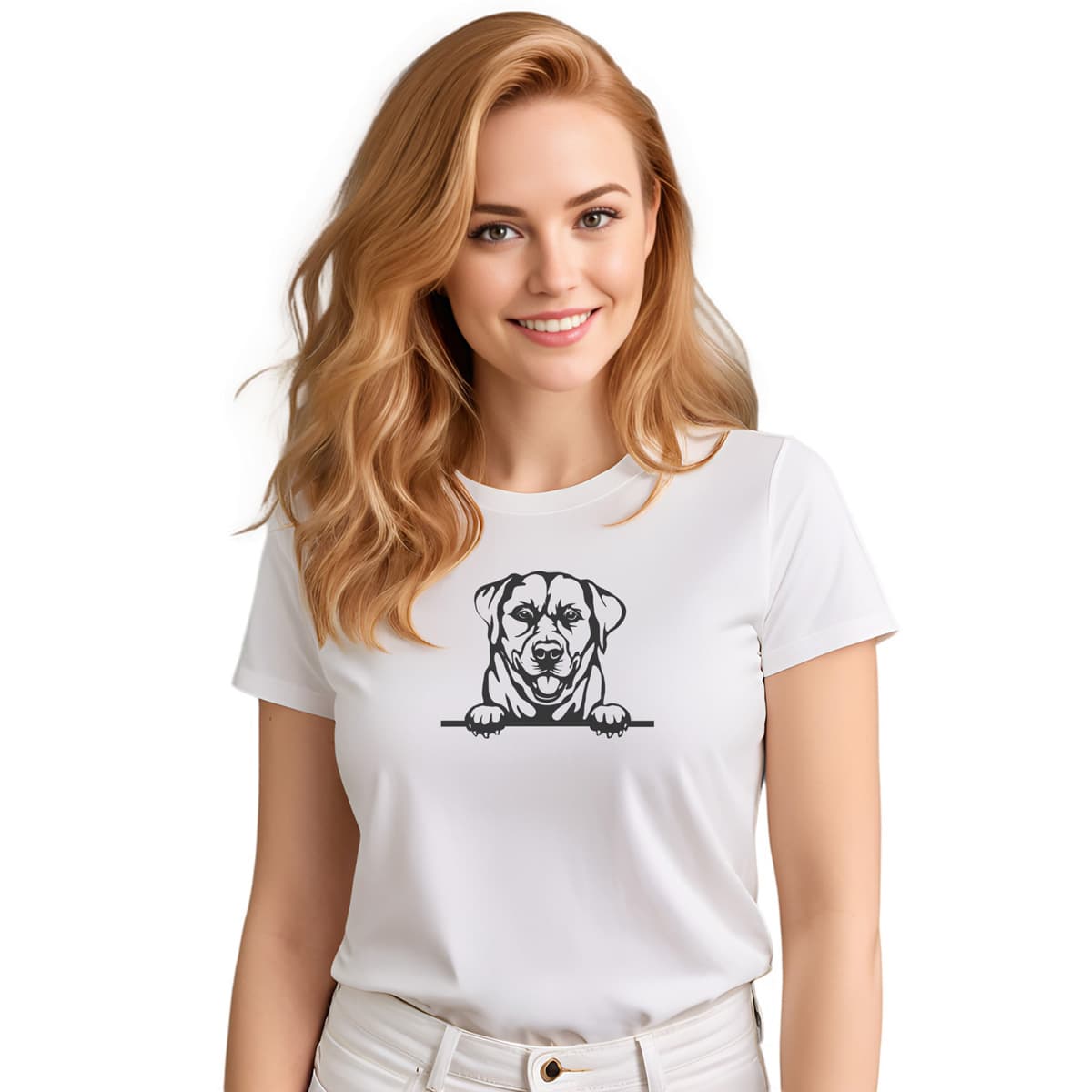 White crew neck short sleeved t-shirt. Features a cute black and white hand-drawn graphic of a Labrador dog with paws on the table. Female model shown in close-up to highlight print and fit.