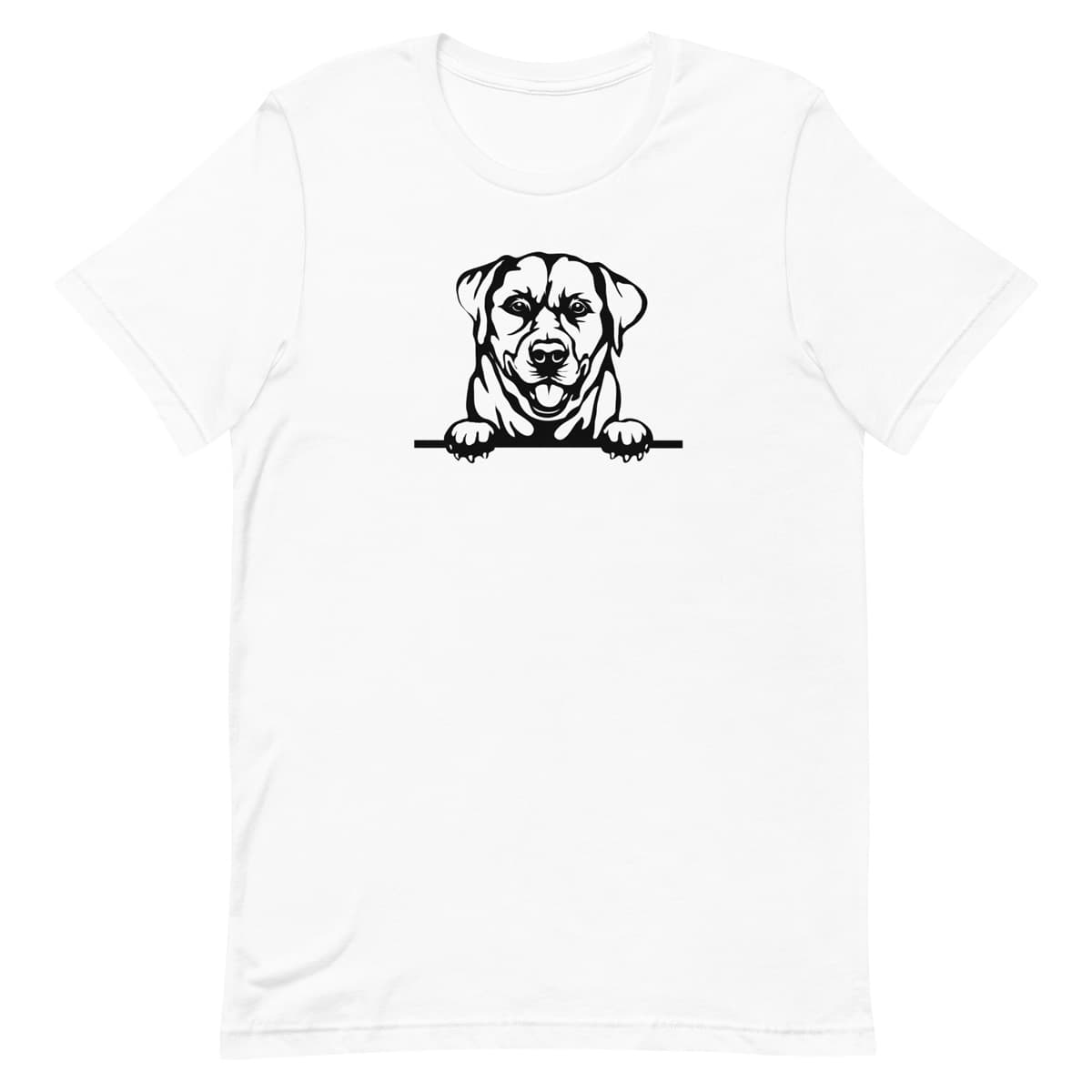 White crew neck short sleeved t-shirt. Features a cute black and white hand-drawn graphic of a Labrador dog with paws on the table.