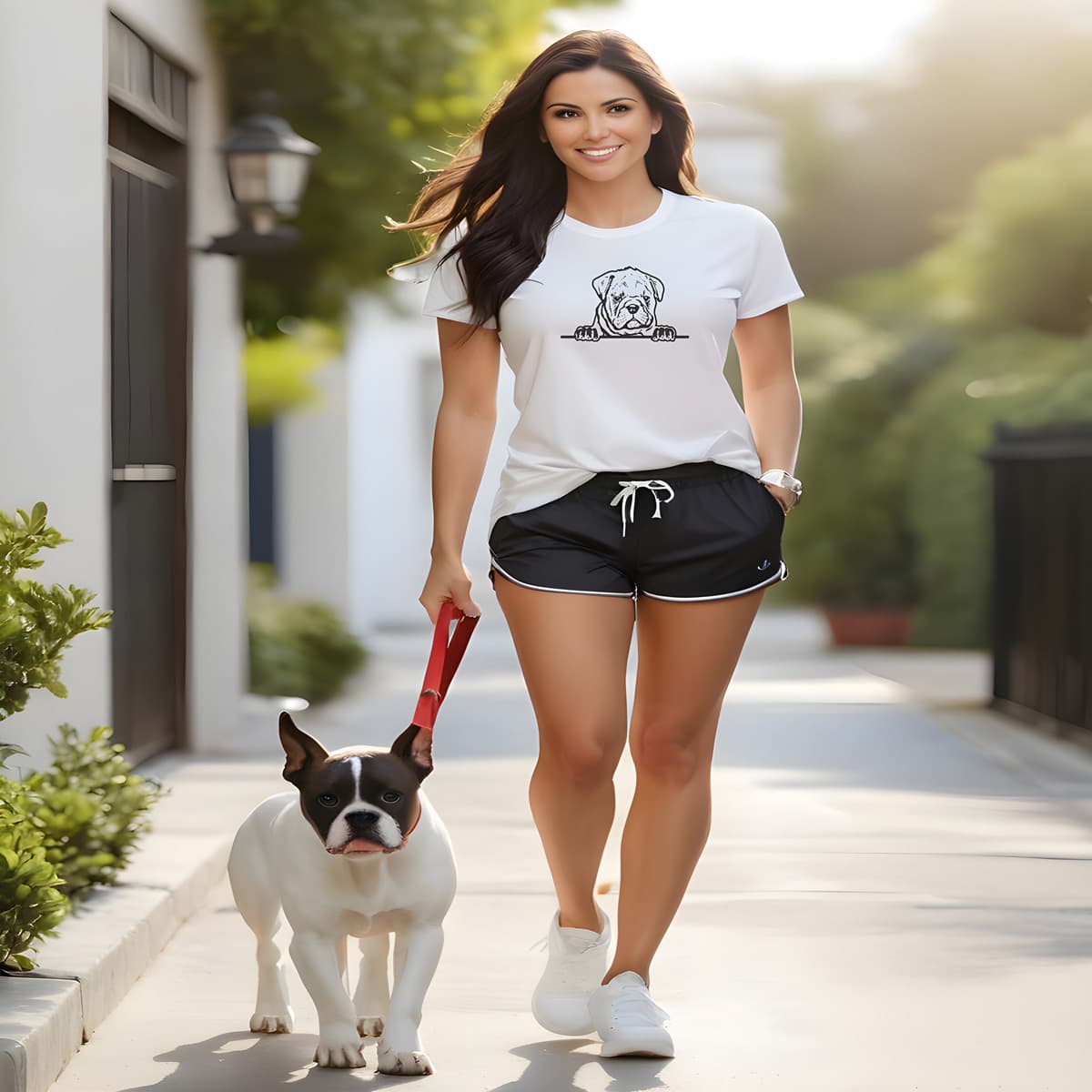 Women walking at a street, with a dog in leash. She is wearing a white crew neck short sleeved t-shirt. Featuring a playful one-line hand drawn black/white graphic of a dog face Bulldog puppy resting its paws on a table.