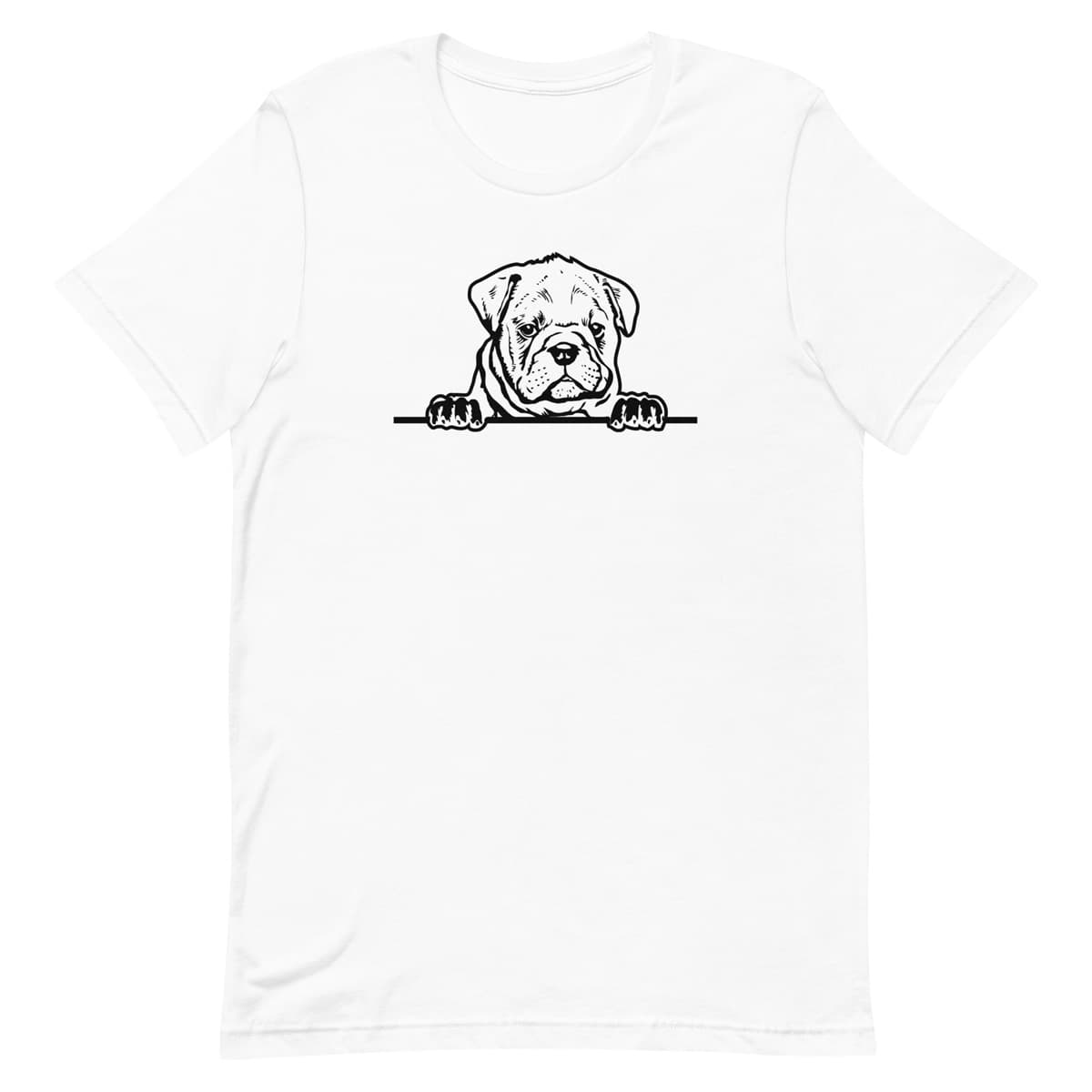 White crew neck short sleeved t-shirt. Featuring a playful one-line hand drawn black/white graphic of a dog face Bulldog puppy resting its paws on a table.