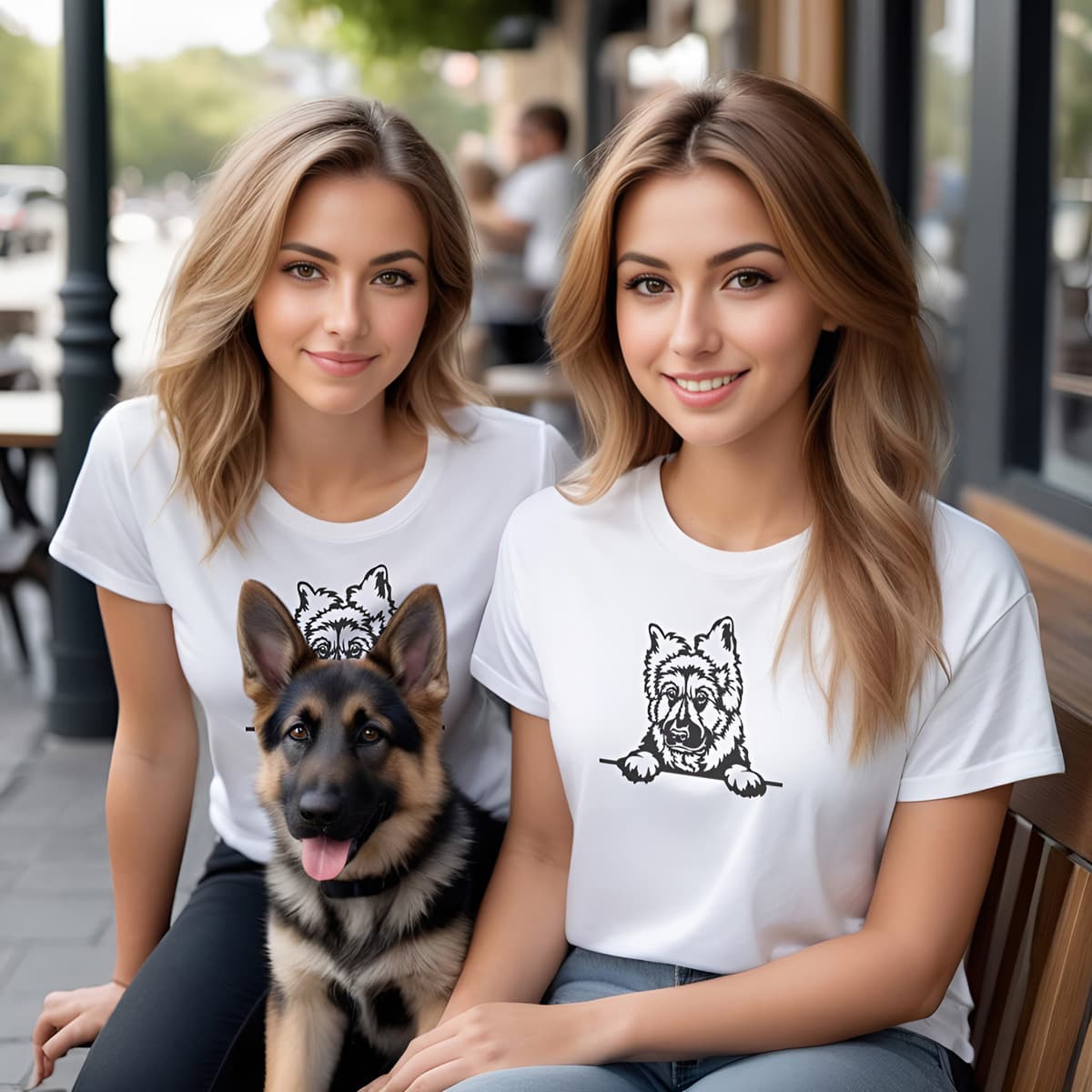 Two young women, sitting at a cafe outside, holding a cute tongue out, German Shepherd puppy. They are both wearing a white crew neck short sleeved t-shirt. Featuring a black and white one-line adorable German Shepherd puppy dog face, resting its paws on a table.