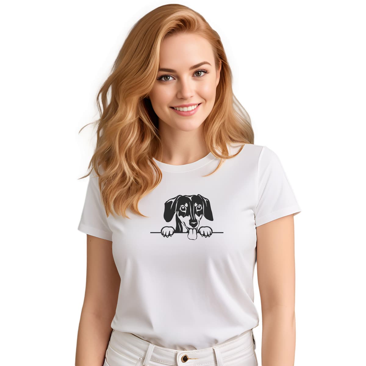 White crew neck short sleeved t-shirt, feature a cute one-line hand- drawn black/white graphic Dachshund dog face, resting paws on the table. Female model shown in close-up to highlight print and fit.