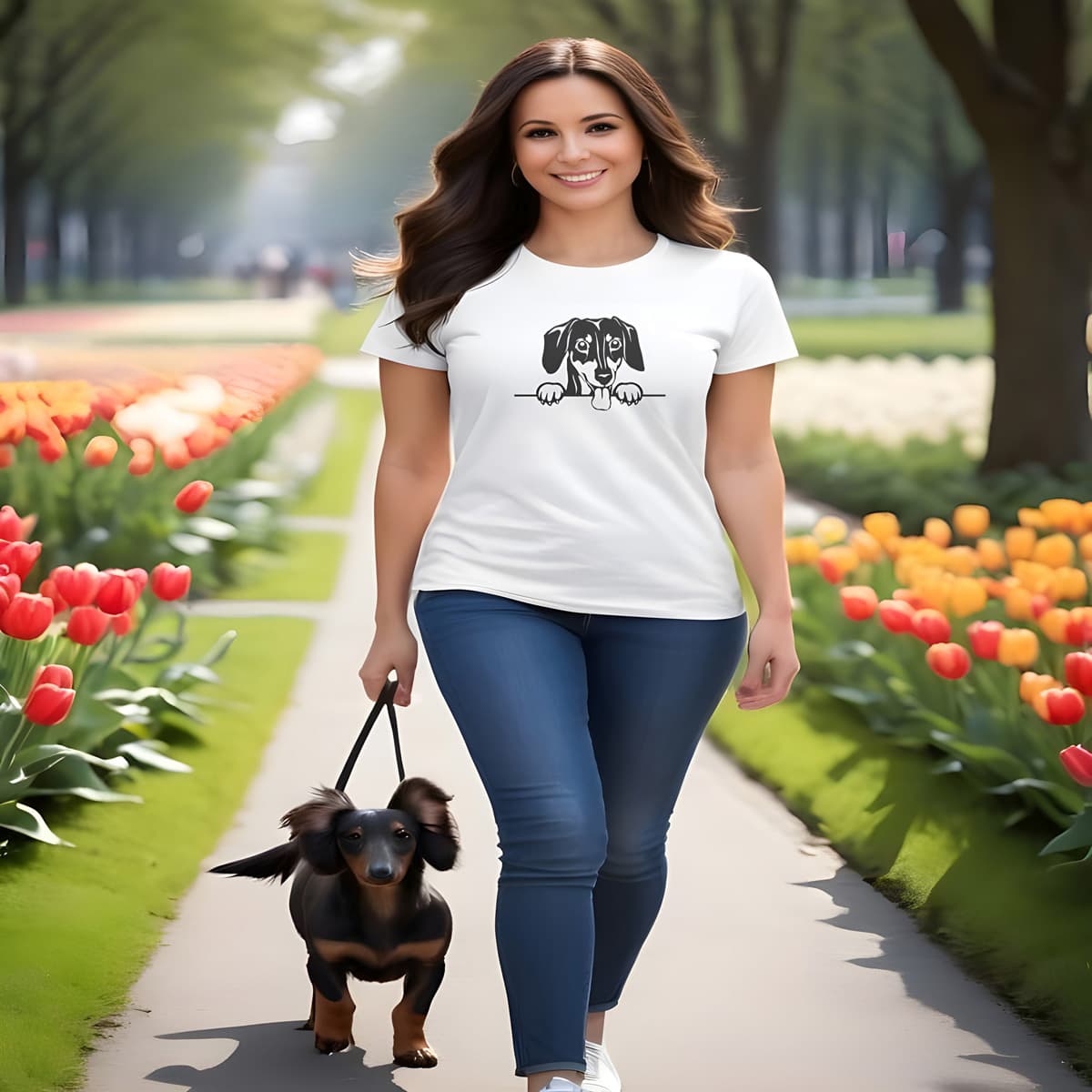 Women walking in a tulip park, with a cute puppy Dachshund in leash. She is wearing a white crew neck short sleeved t-shirt, feature a cute one-line hand- drawn black/white graphic Dachshund dog face, resting paws on the table.