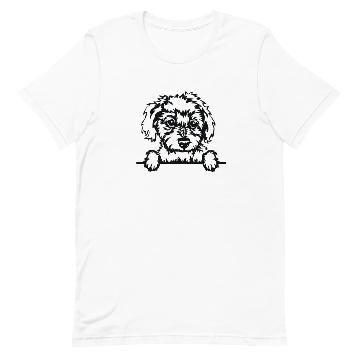 White crew neck short sleeved t-shirt. Feature a charming black and white one-line graphic of a Maltese dog face with paws on the table, and a playful "no Peeking" scheme.